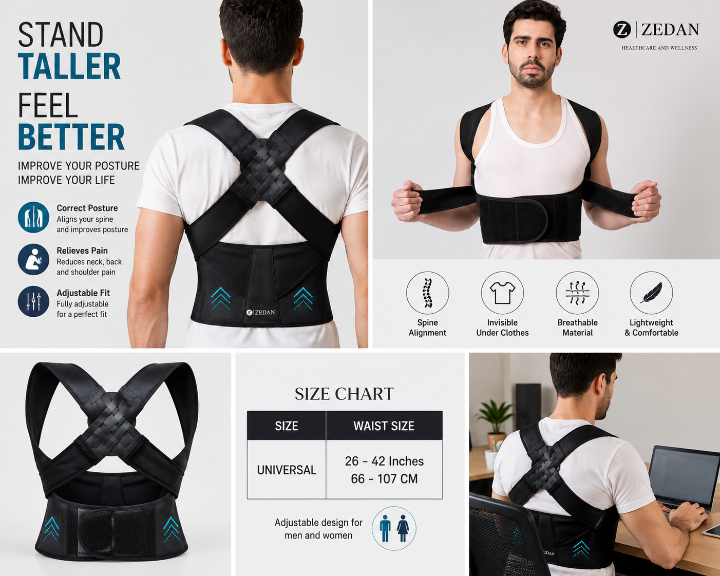 Premium Adjustable Posture Corrector Belt – Back, Shoulder & Spine Support for Men & Women